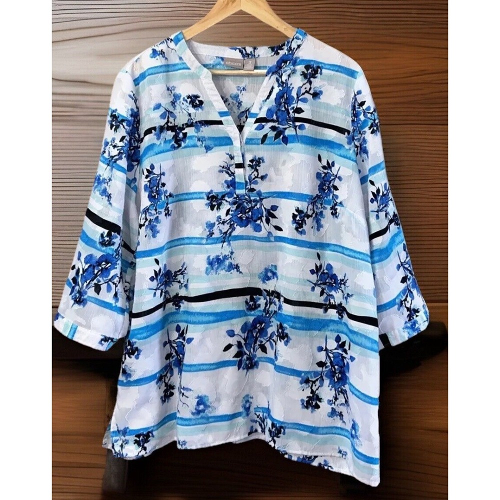 Women's‎ Chicos Tunic Blue Textured Floral Watercolor Stripe Knotched V Neck XL
